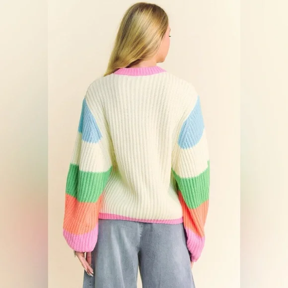 Multicolor Striped Peace Sign Balloon Sleeve Sweater - Davi & Dani - Picture 4 of 8